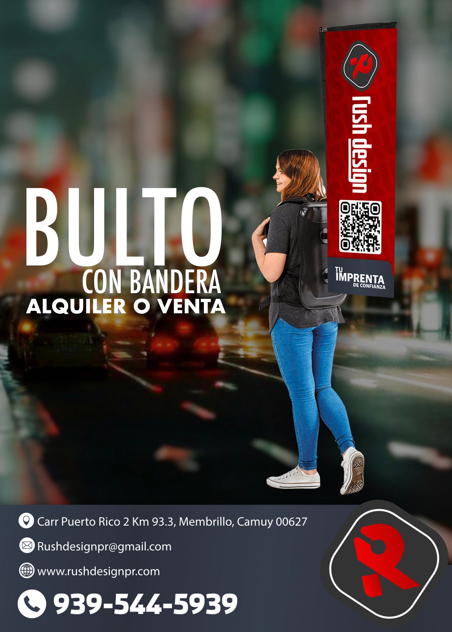 Bulto con bandera publicitaria